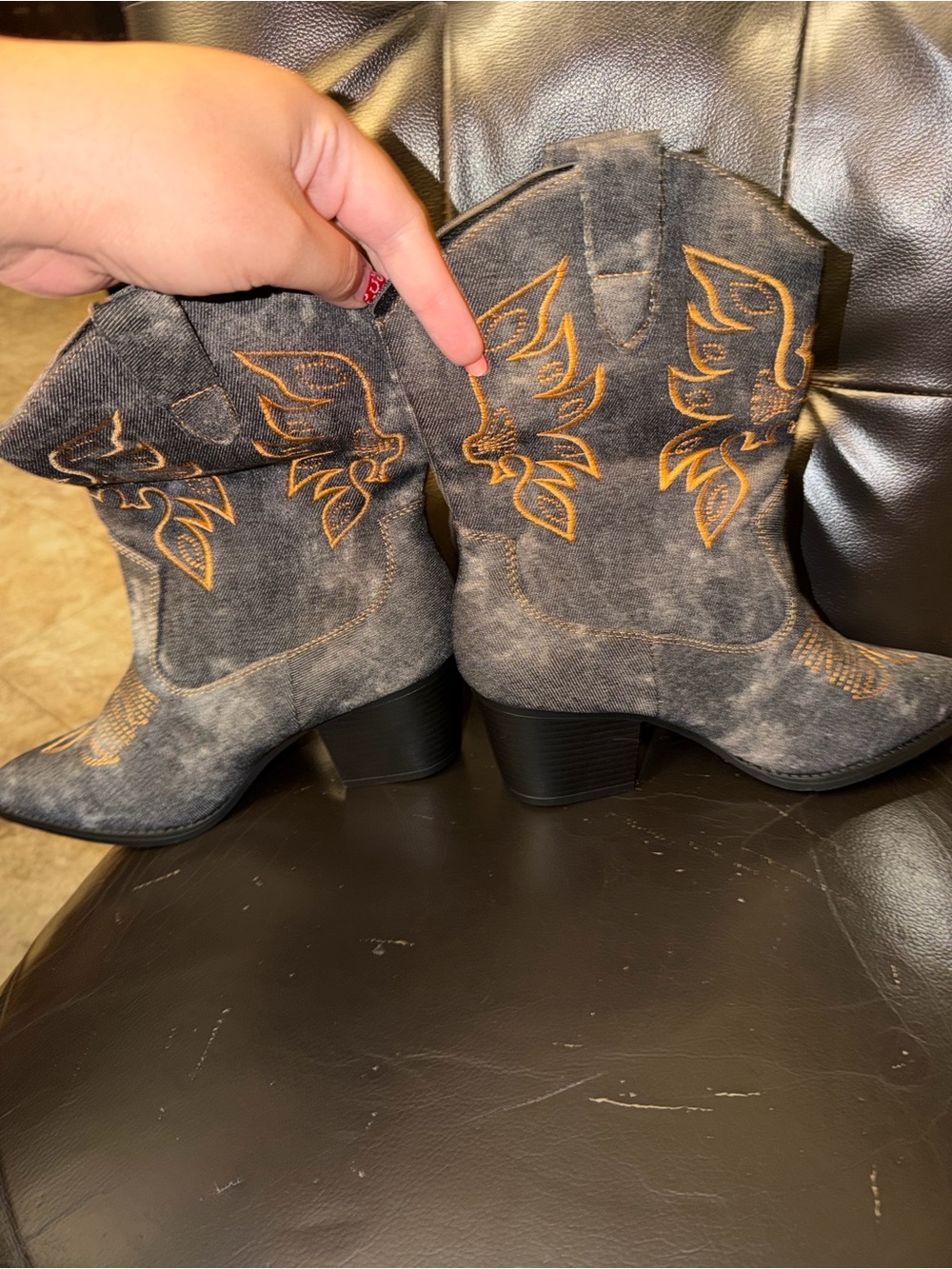 Women's Gray Western Embroidered Ankle Boots with Tan Stitching